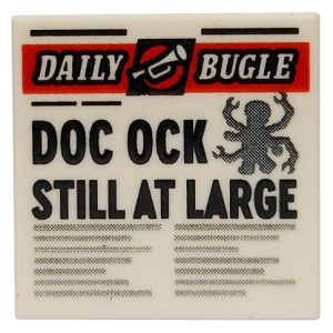  Bedrukte tegel 2 x 2 met krant 'DAILY BUGLE' en 'DOC OCK STILL AT LARGE' 3068pb1724  nieuw wit (01)