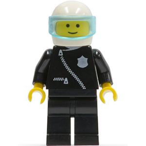 Police - Zipper with Badge, Black Legs, White Helmet, Trans-Light Blue Visor (gebruikt).