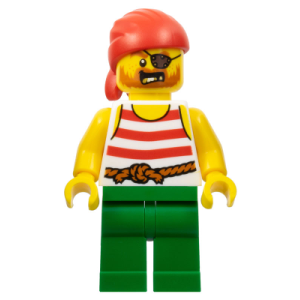 Piraten, PI190 Male, Red Bandana, White Shirt with Red Stripes, Green Legs, Eyepatch. nieuw