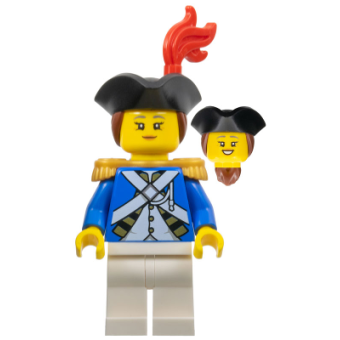 Piraten, PI194 Officer, Female, Black Tricorne, Reddish Brown Hair, Red Plume, Pearl Gold Epaulettes. nieuw